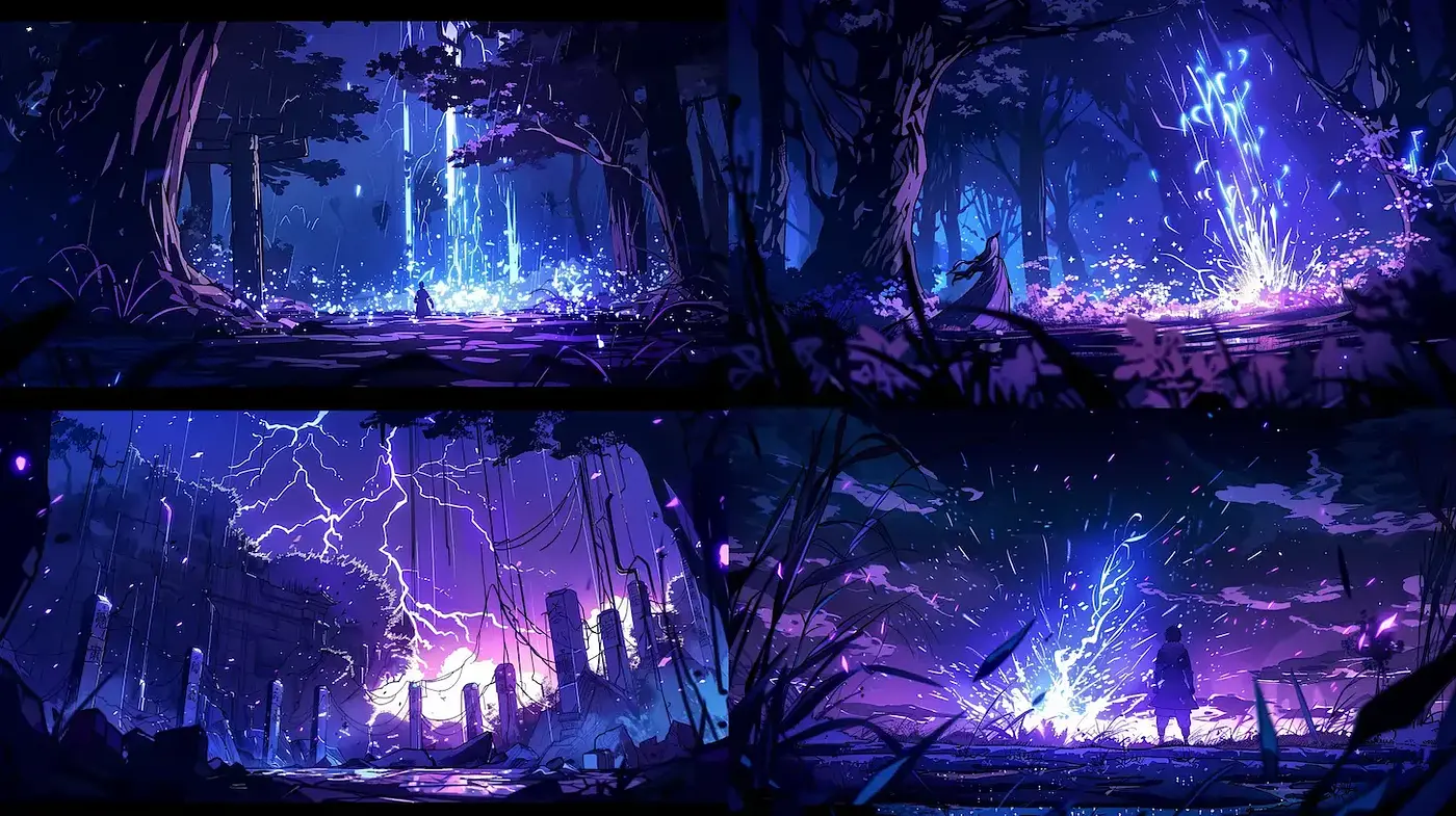 Ethereal landscapes with dynamic lighting and vibrant color contrasts - Midjourney sref style