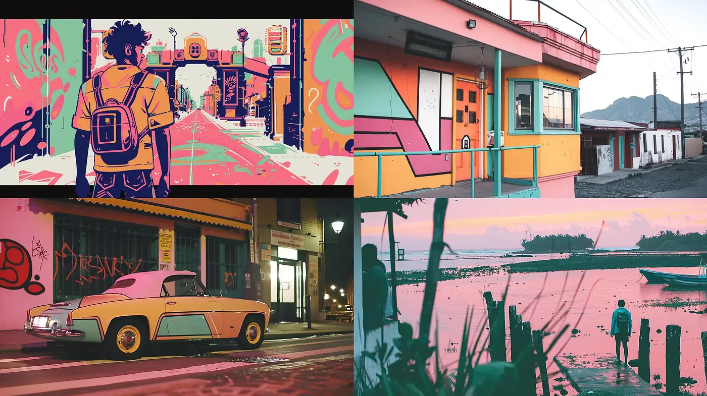 Sunset Hues and Retro-Futuristic Urban Dreamscape - Midjourney sref style