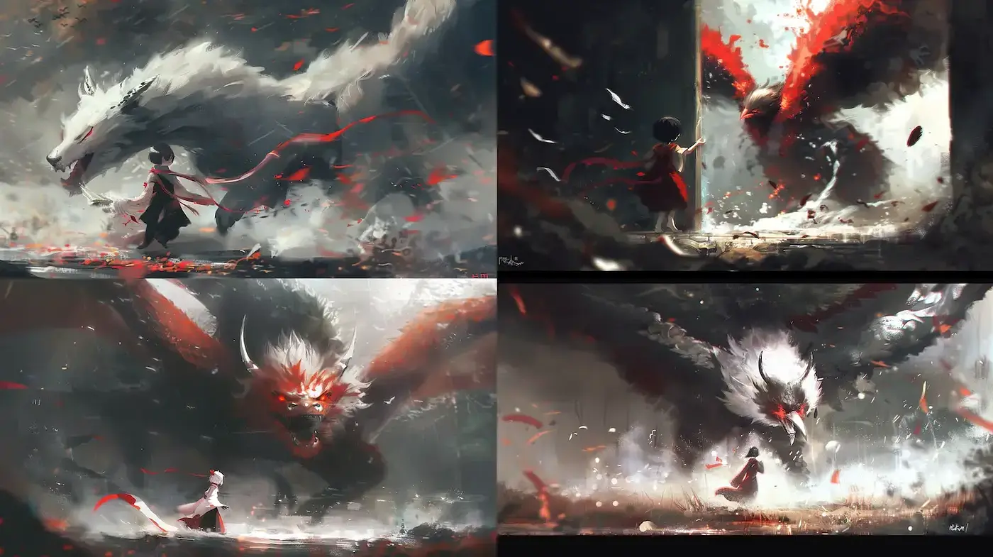 Dynamic fantasy with ethereal elements and striking character contrast - Midjourney sref style