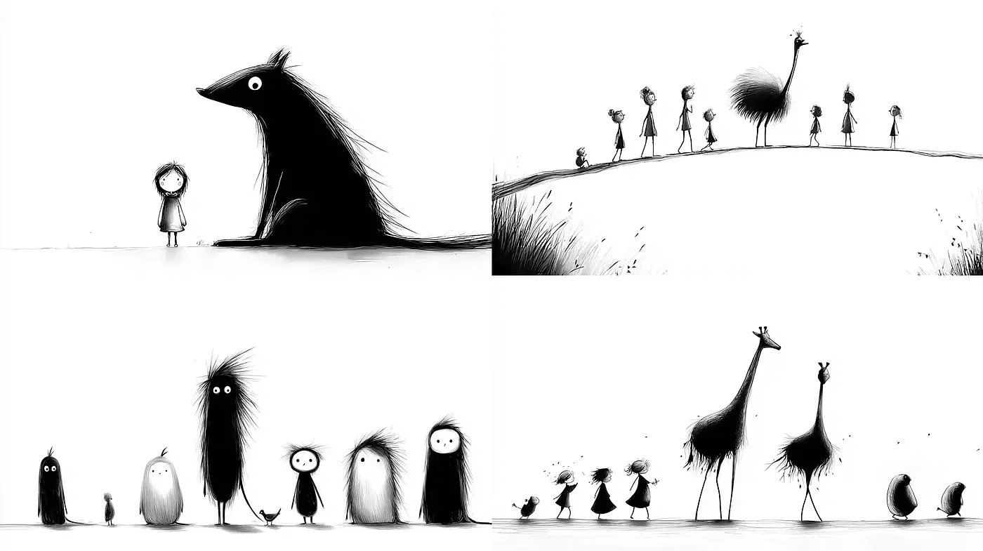 Whimsical black-and-white illustrations with a surreal touch - Midjourney sref style