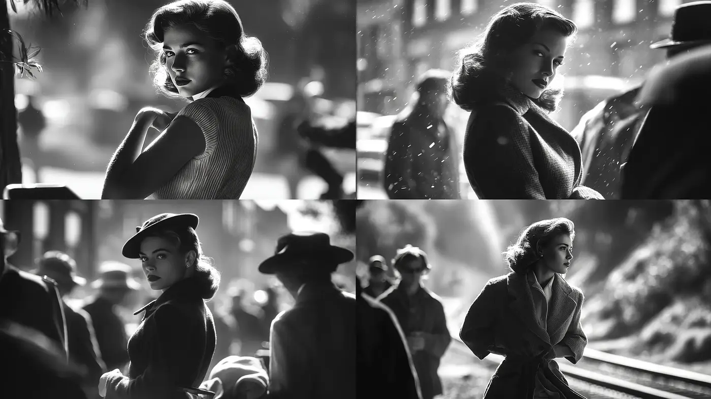 Dramatic monochrome portraiture with vintage elegance and cinematic flair - Midjourney sref style