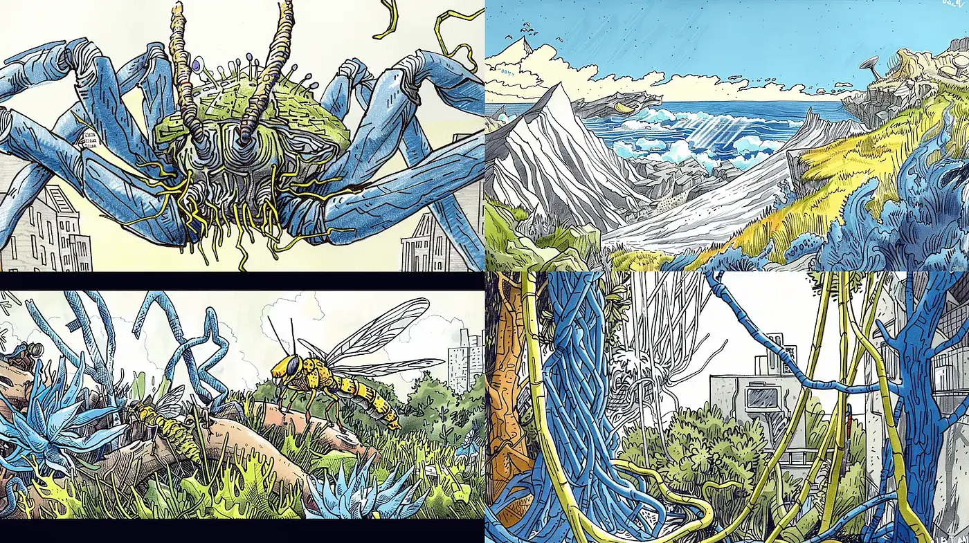 Surreal and imaginative illustrations with a blend of nature and urban environments - Midjourney sref style