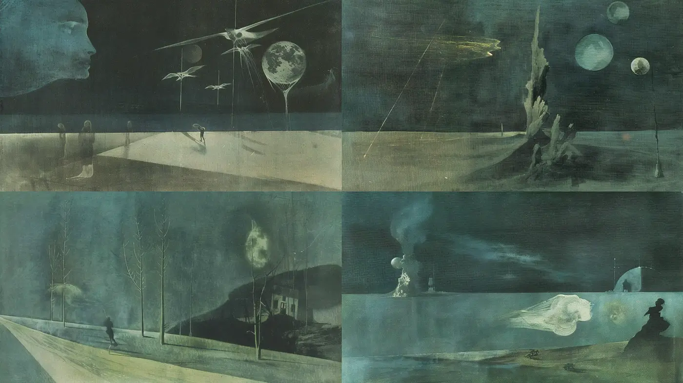 Ethereal Nocturnal Dreamscapes: A Consistent Palette of Surreal Night - Midjourney sref style