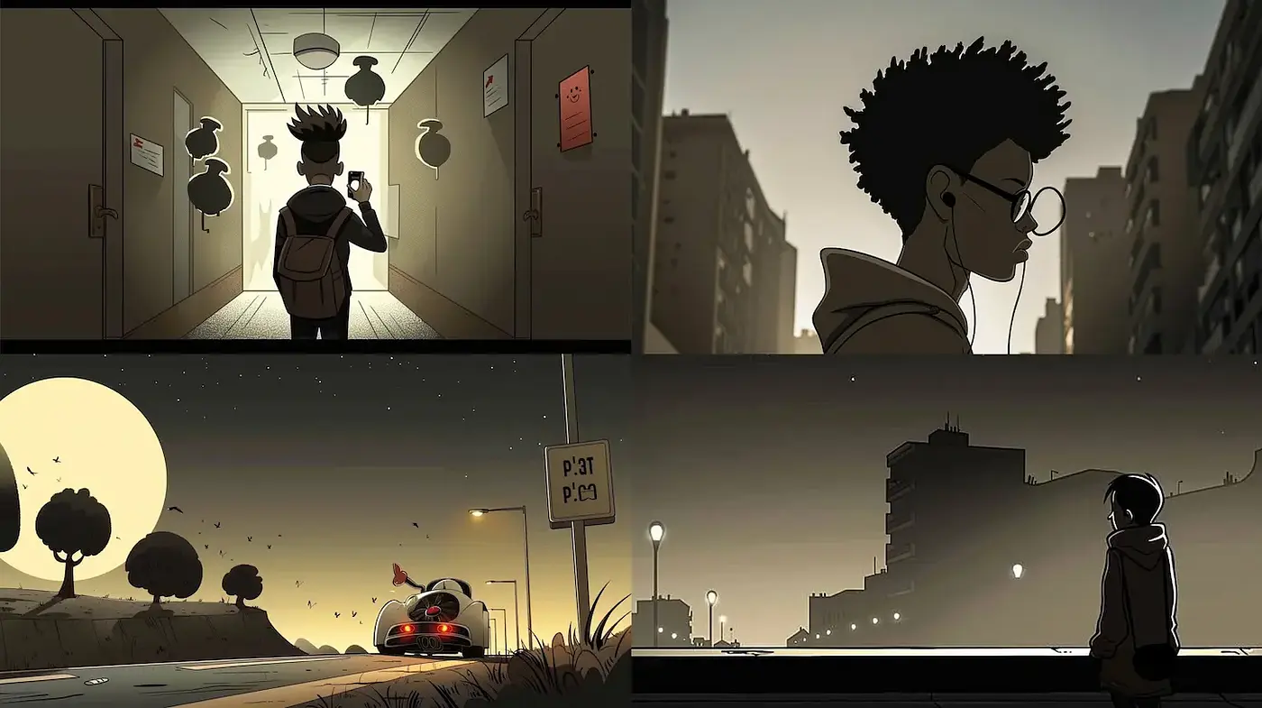 Distinctly Captivating Urban Noir Animation Style with Stylized Characters - Midjourney sref style