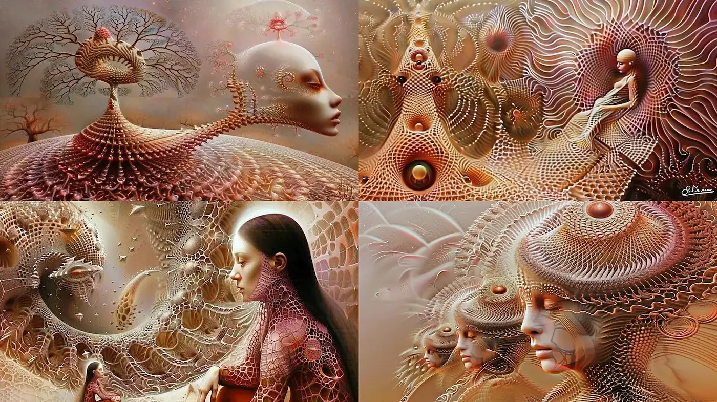 Surreal expressions of humanity intertwined with nature through intricate organic forms and textures - Midjourney sref style