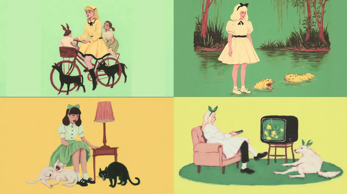Whimsical illustrations with a playful, surreal quality reminiscent of mid-century styles - Midjourney sref style