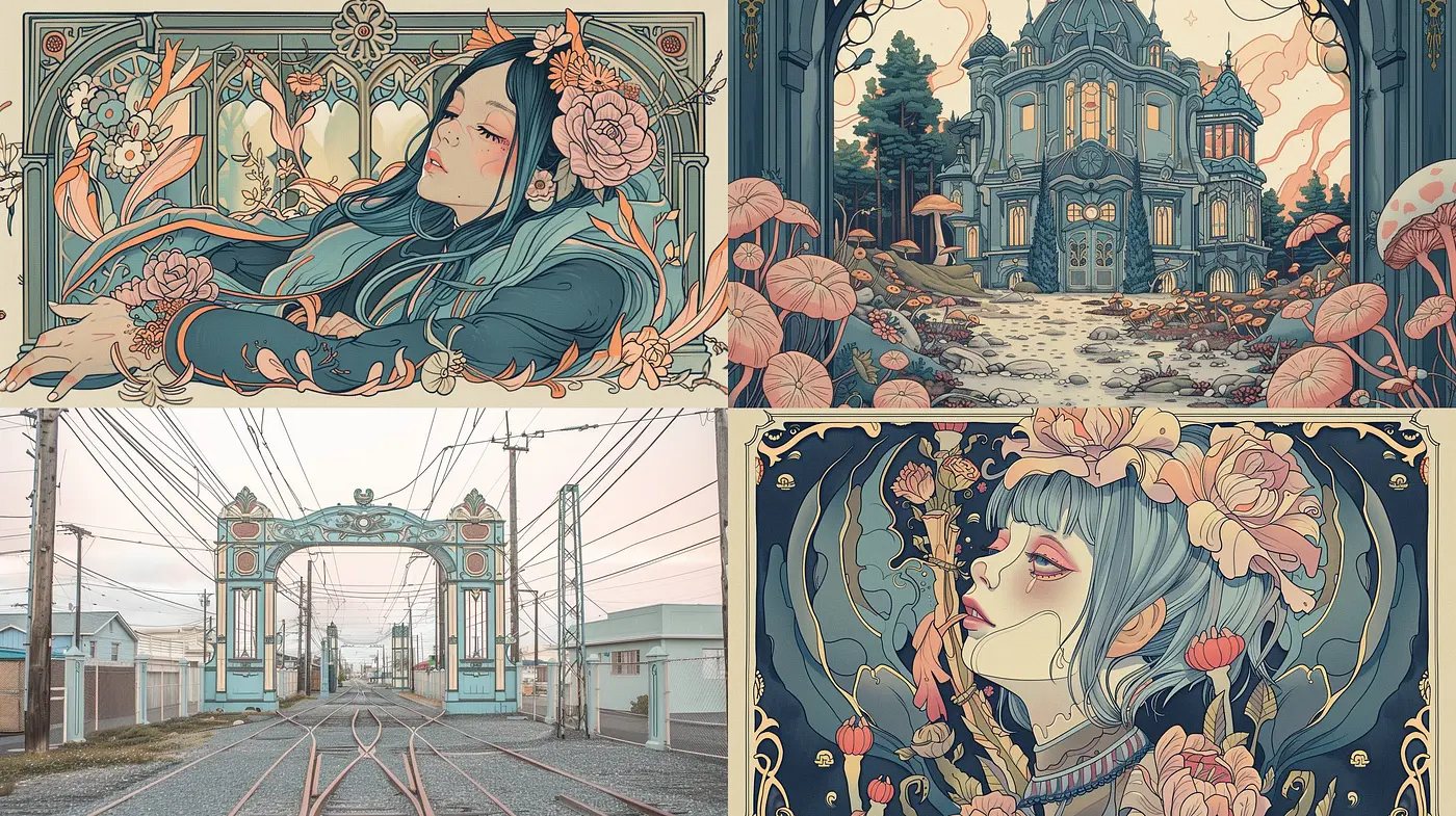 Ethereal Nouveau Dreams: A Fusion of Art Nouveau Elegance with Pastel Dreamscape - Midjourney sref style
