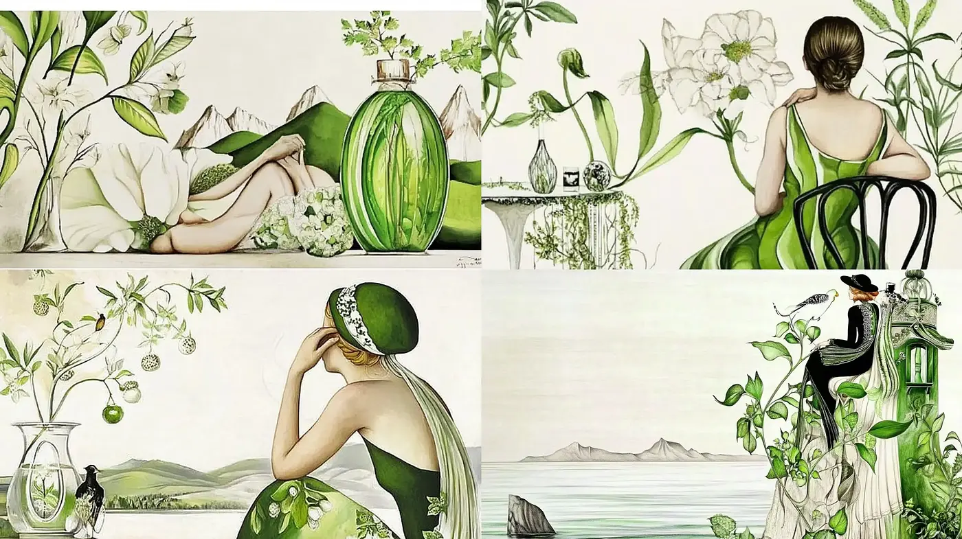 Serene Elegance in Verdant Hues - Midjourney sref style