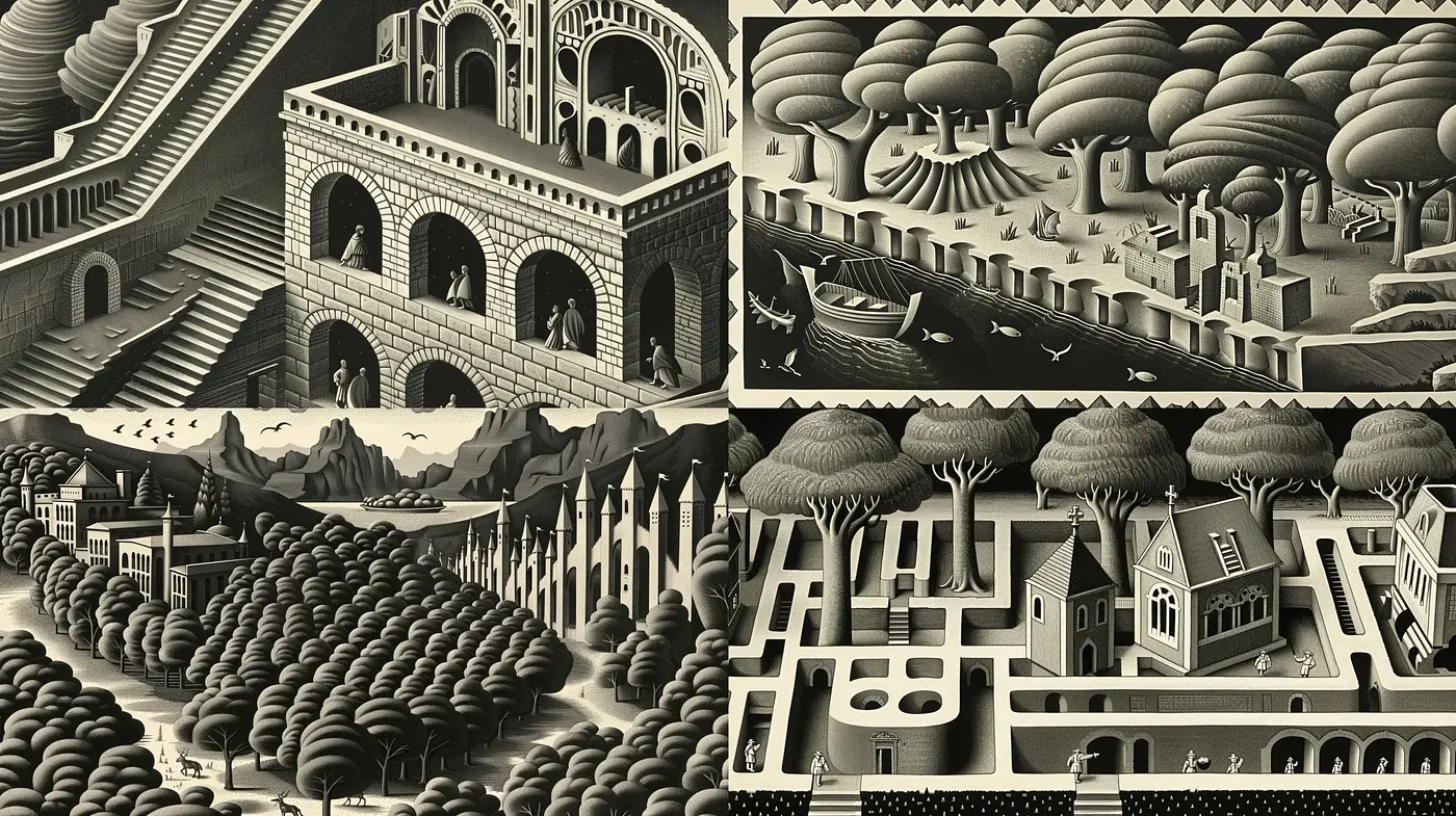 Monochromatic Dreamscape of Stylized Surreal Architectures - Midjourney sref style