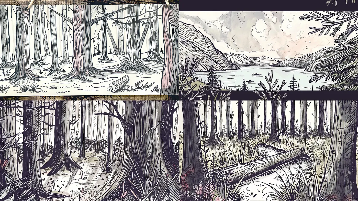 Whimsical Wilderness: A Fusion of Sketch and Wash - Midjourney sref style