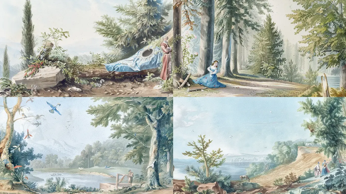 Ethereal Pastoral Visions: A Harmonious Blend of Arcadian Landscapes and Serene Vignettes - Midjourney sref style