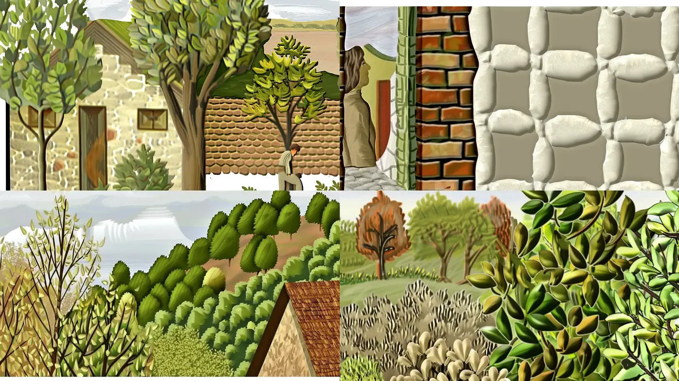 Earthy Hues and Stylized Natural Textures in Digital Illustration - Midjourney sref style