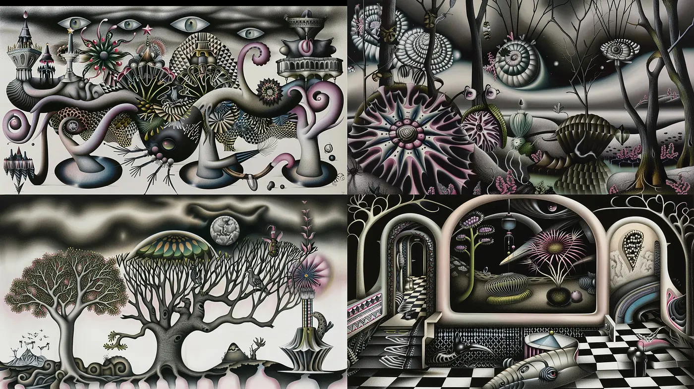 Surreal Dreamscape Fusion with Consistent Monochromatic Palette - Midjourney sref style