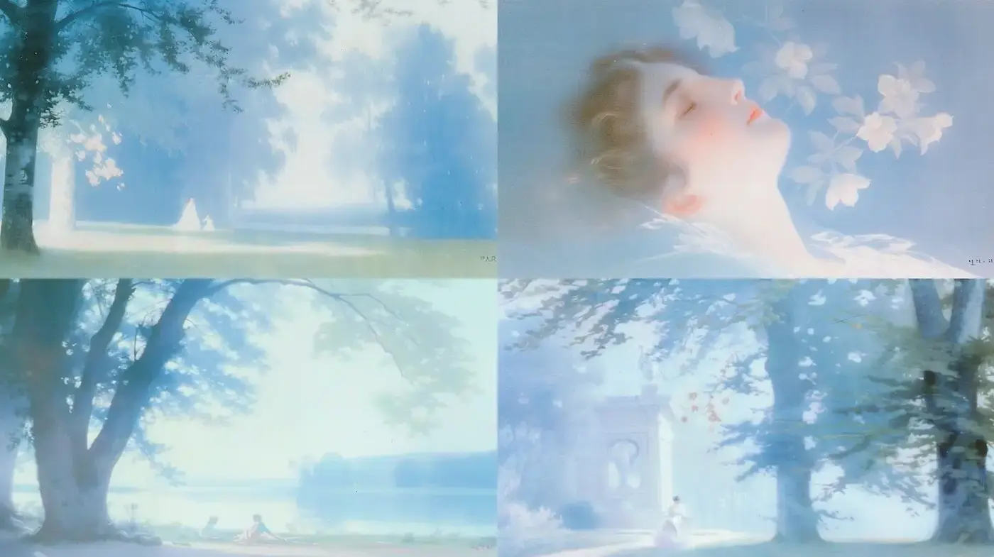 Dreamy, ethereal landscape compositions with soft tones and gentle imagery - Midjourney sref style
