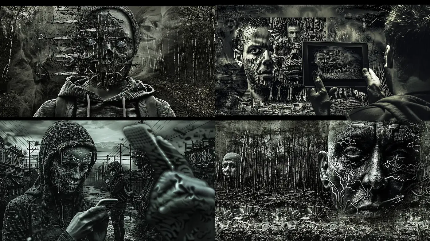 Dark, surrealistic texture with haunting elements and a cyberpunk vibe - Midjourney sref style