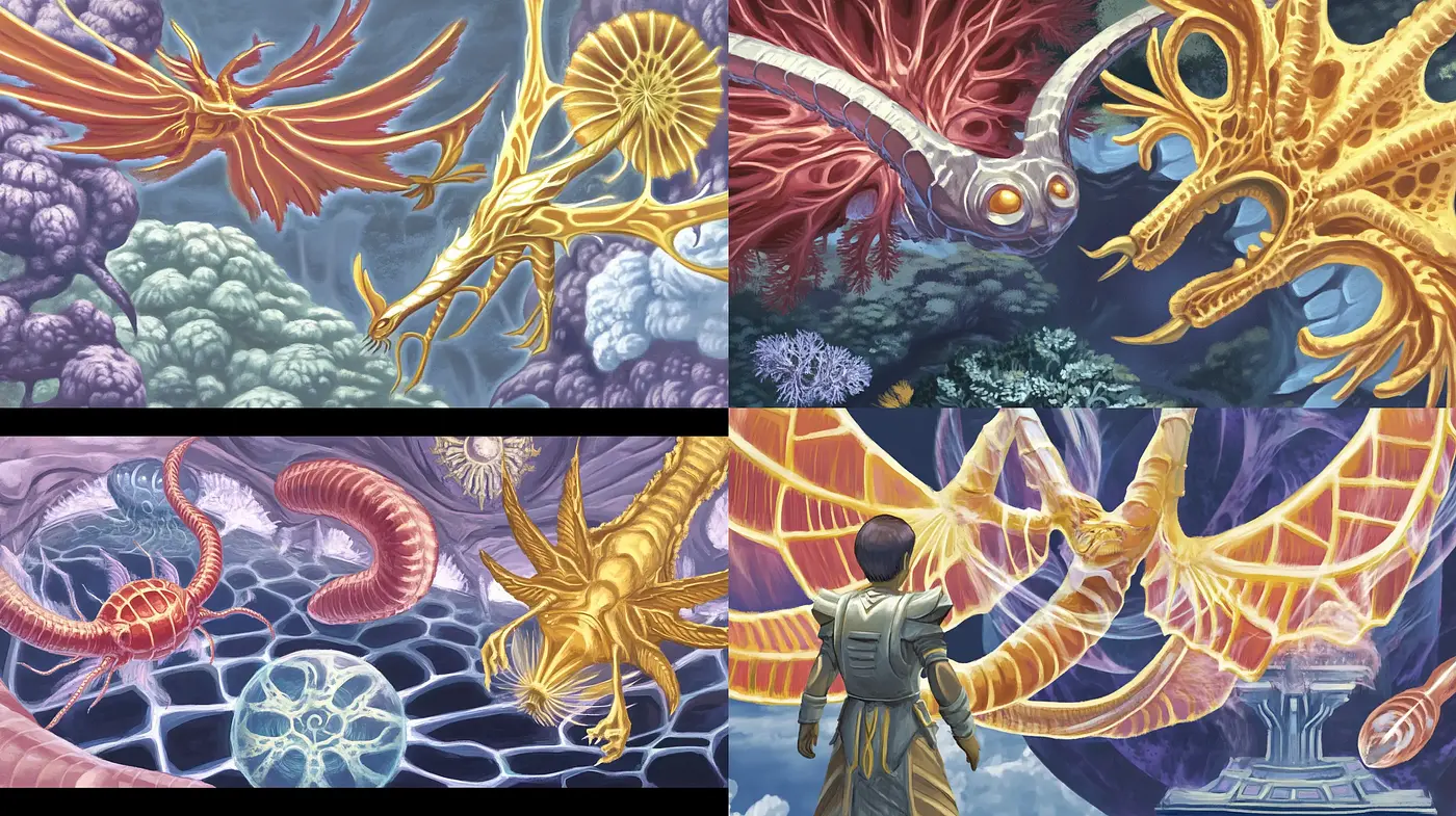 Ethereal Dragon Chronicles: A Vivid Symphony of Mythical Creatures and Enigmatic Landscapes - Midjourney sref style