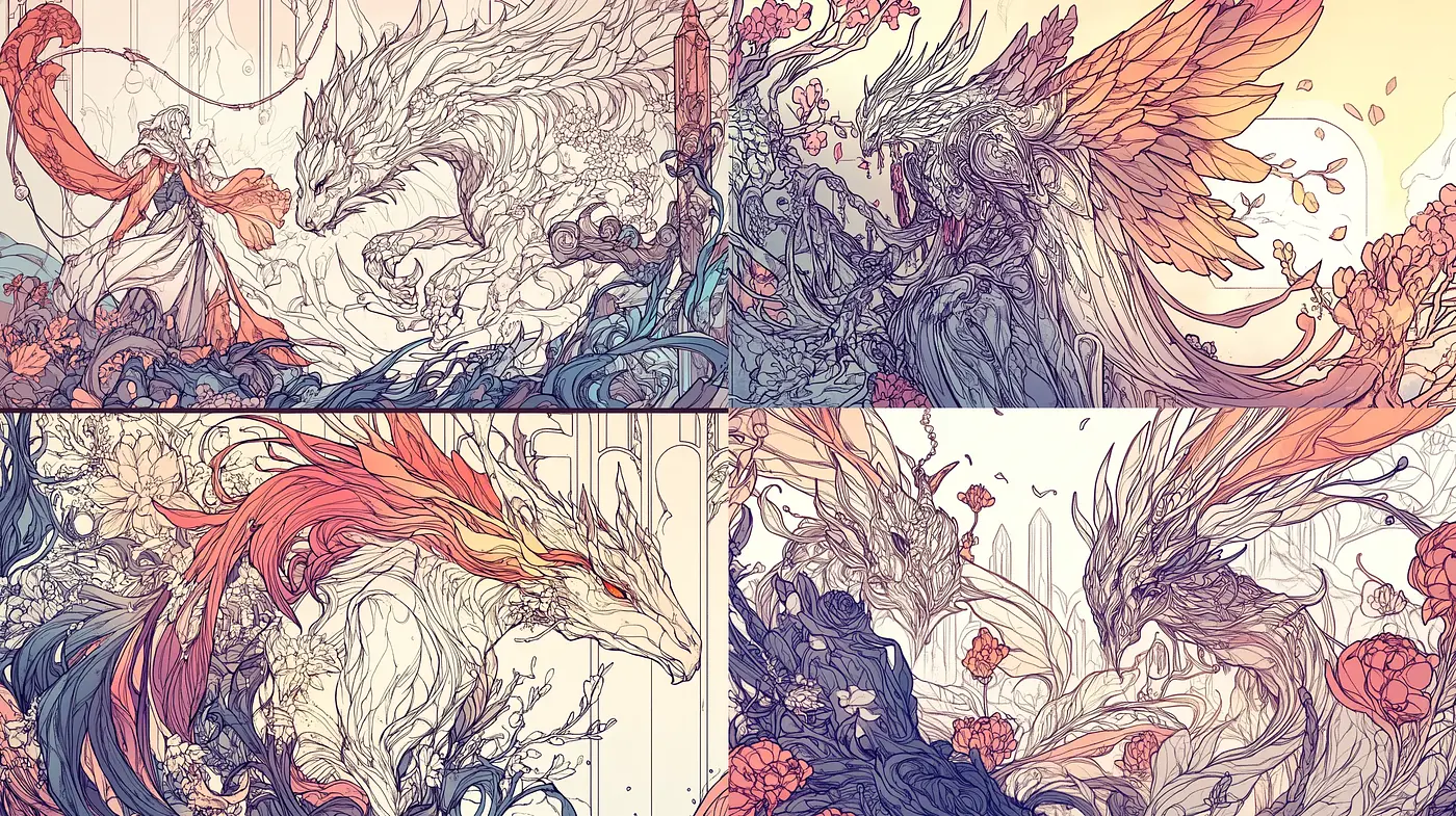 Ethereal Mythical Line Art with Pastel Explosion - Midjourney sref style