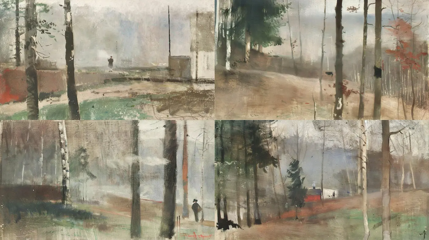 Muted Tones Within Evocative Forest Scenes: A Harmonic Blend of Subdued Hues and Impressionist Influences - Midjourney sref style