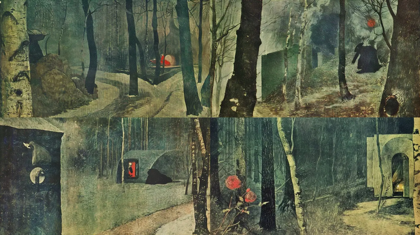 Ethereal Forest Haunts in Muted Tones: A Consistent Blend of Surrealism and Melancholy - Midjourney sref style