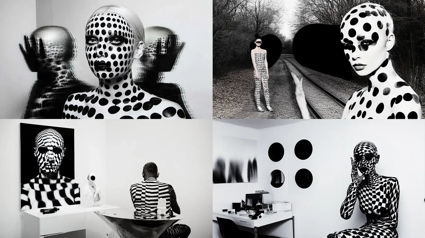 Monochromatic Polka Dot Ensemble: A Study in Contrasting Patterns - Midjourney sref style