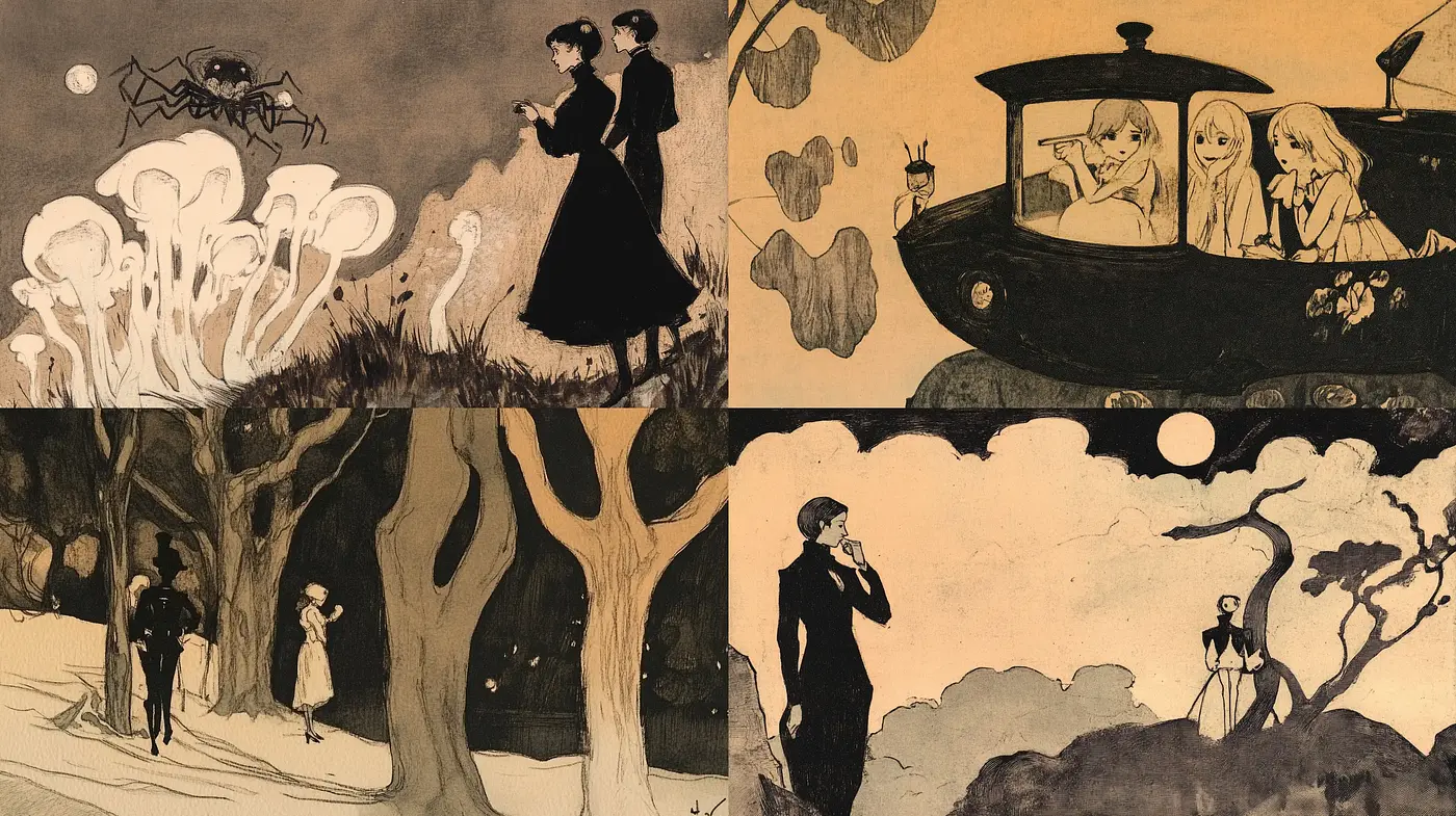 Sepia-Toned Storybook Illustration Collection - Midjourney sref style