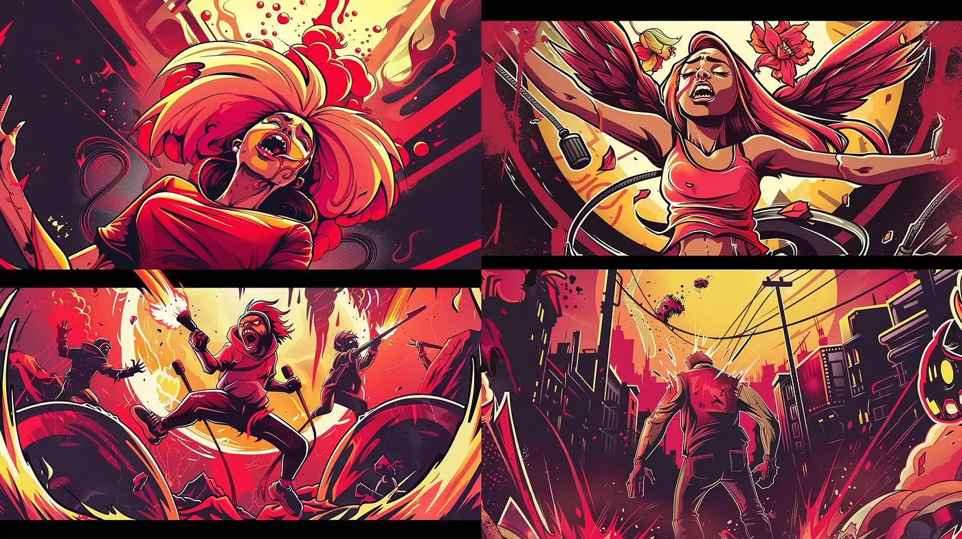 Dynamic Comic Book Panache: An Intense Fusion of Vibrant Colors and Action - Midjourney sref style