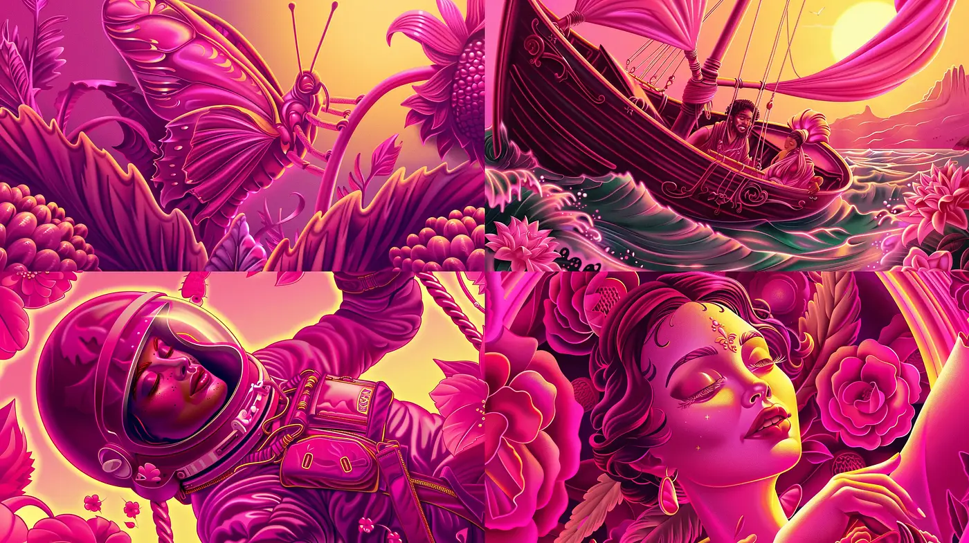 Ethereal Sunset Dreamscape in Vibrant Magenta Hues - Midjourney sref style