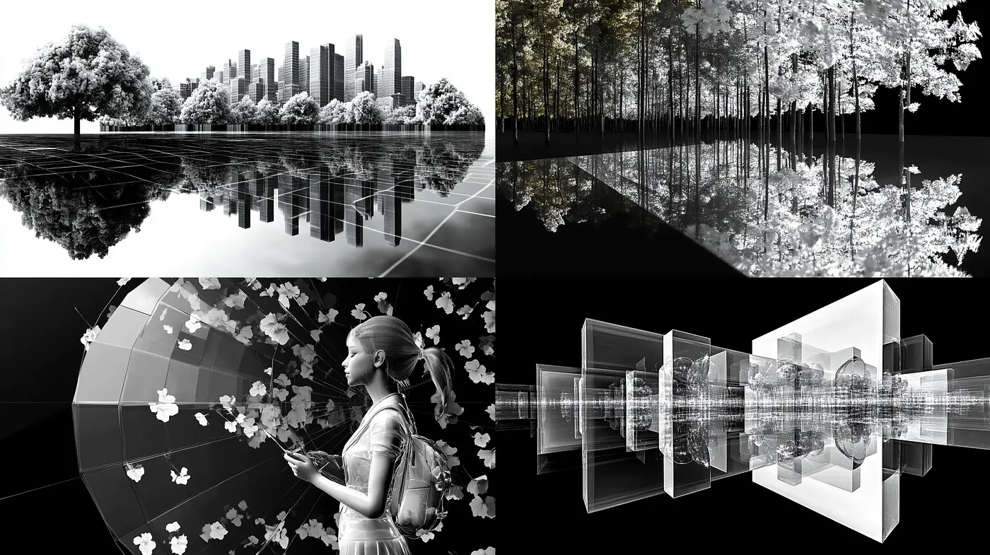 Monochromatic Symmetry in Surrealist Reflections - Midjourney sref style