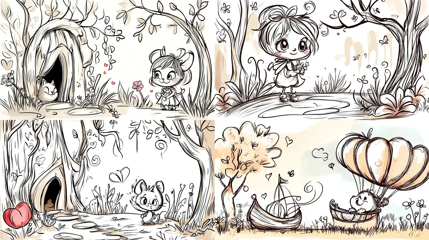Whimsical Storybook Illustrations with Sepia-Toned Ink Sketches - Midjourney sref style
