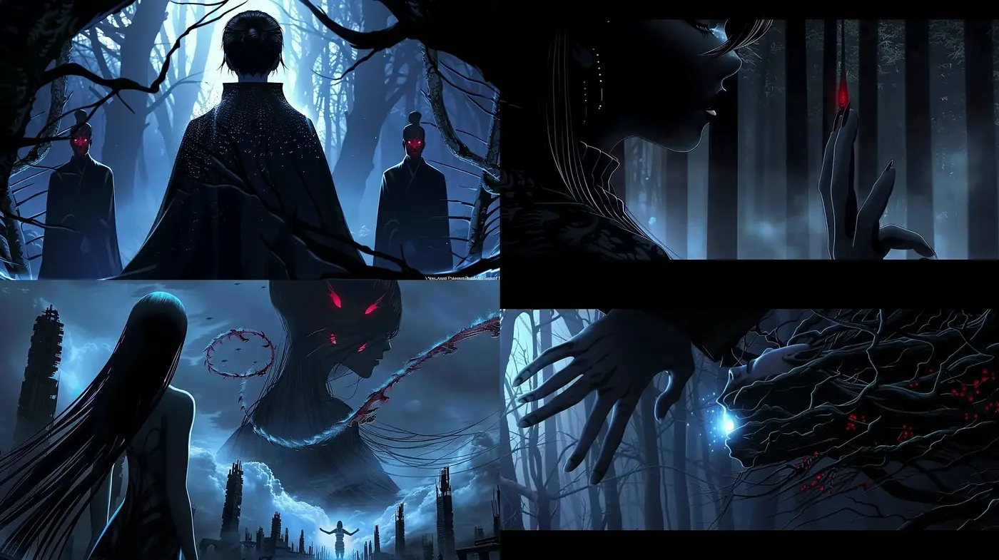 Ethereal Nocturne: A Surreal Dreamscape of Dark Blue Hues and Red Accents - Midjourney sref style
