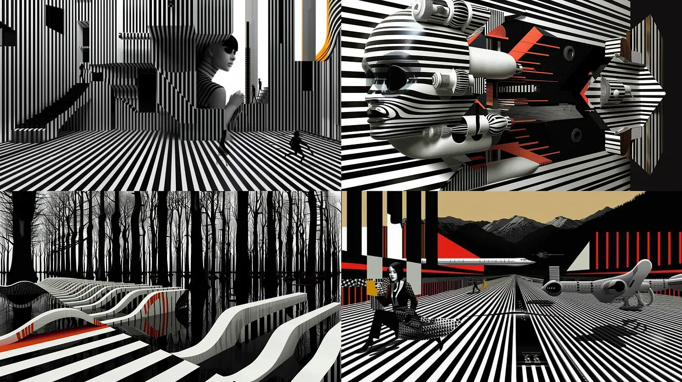 Monochromatic Op Art Fusion with Surreal Imagery - Midjourney sref style