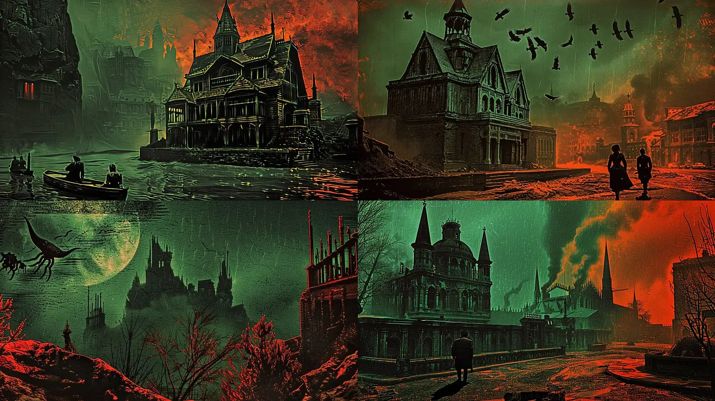 Gothic Reverie: Dusky Hues and Sinister Silhouettes in a Surreal Tableau - Midjourney sref style