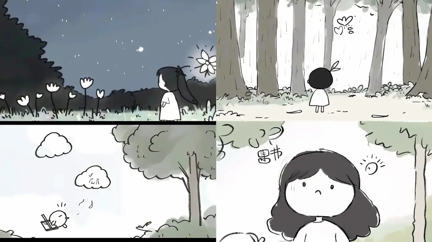 Whimsical and minimalistic storytelling with a calming atmosphere - Midjourney sref style