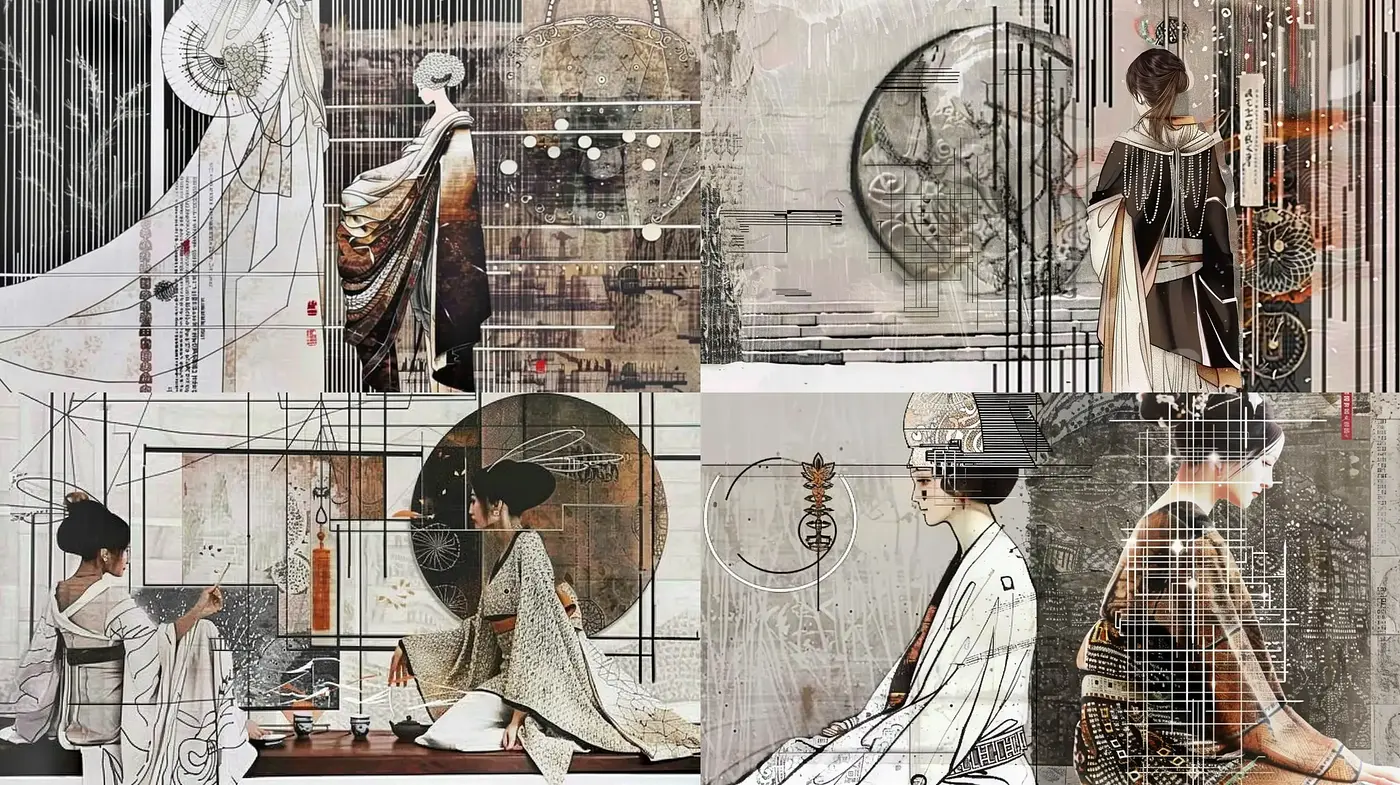 Ethereal Fusion of Traditional Japanese Motifs and Modern Abstract Textures - Midjourney sref style