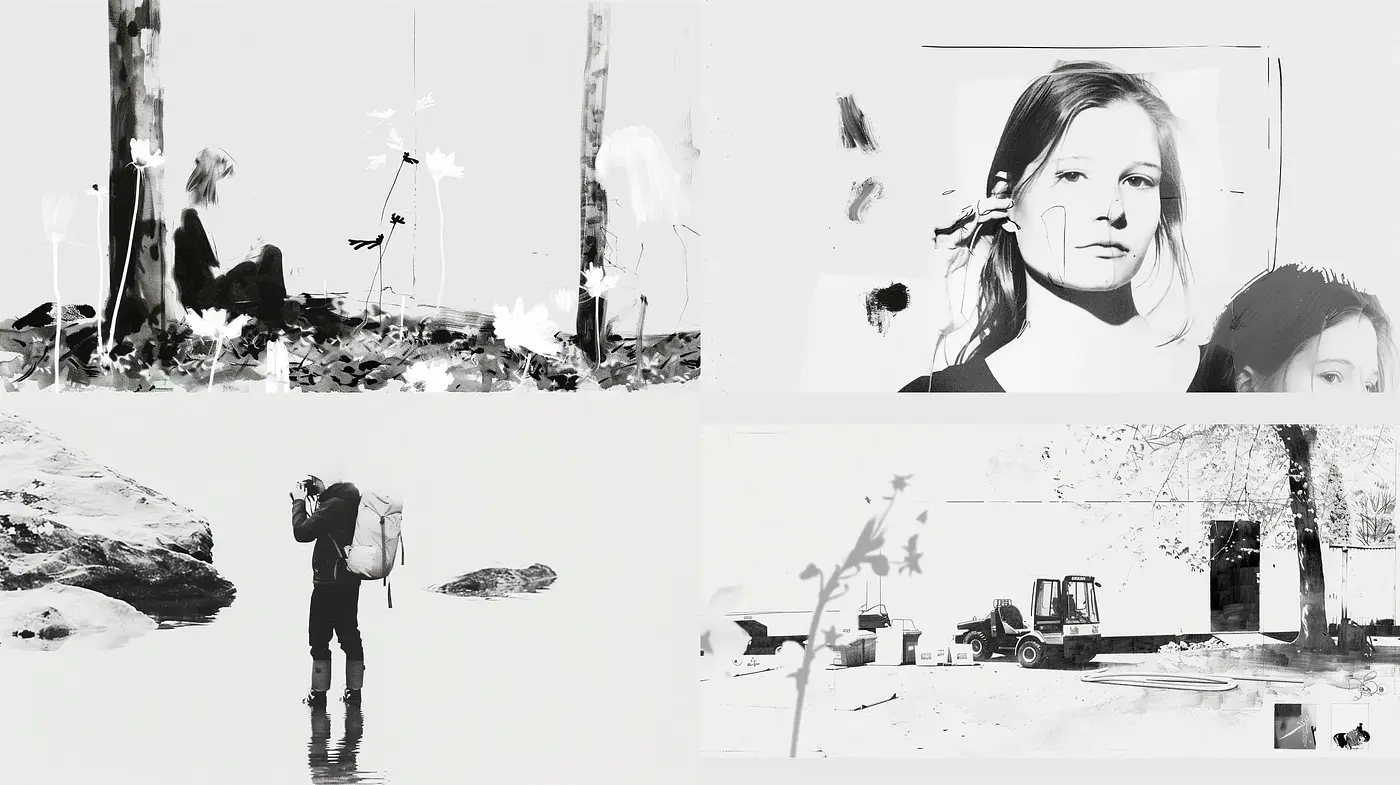 Monochromatic Dreamscape: Ethereal Vignettes in Greyscale - Midjourney sref style