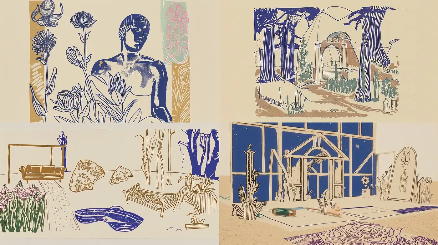Serene Linework and Pastel Gardenscape Impressions - Midjourney sref style