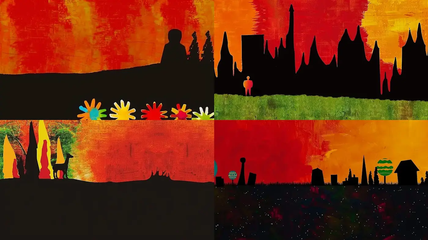 Vibrant and Abstract Landscape with Silhouetted Figures - Midjourney sref style