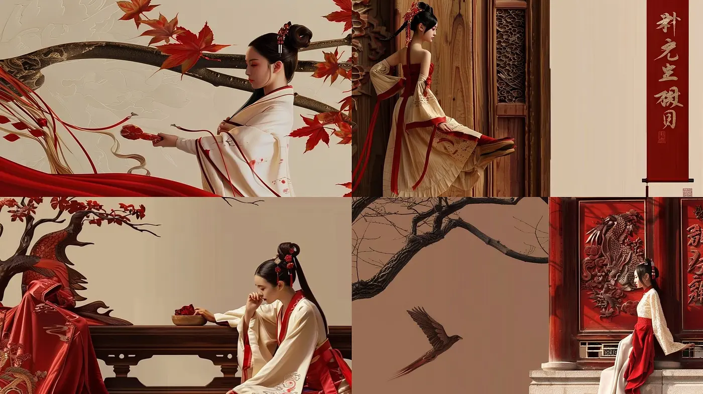 Elegance in Crimson and Umber: A Homage to Traditional Asian Aesthetics with a Contemporary Digital Brush - Midjourney sref style