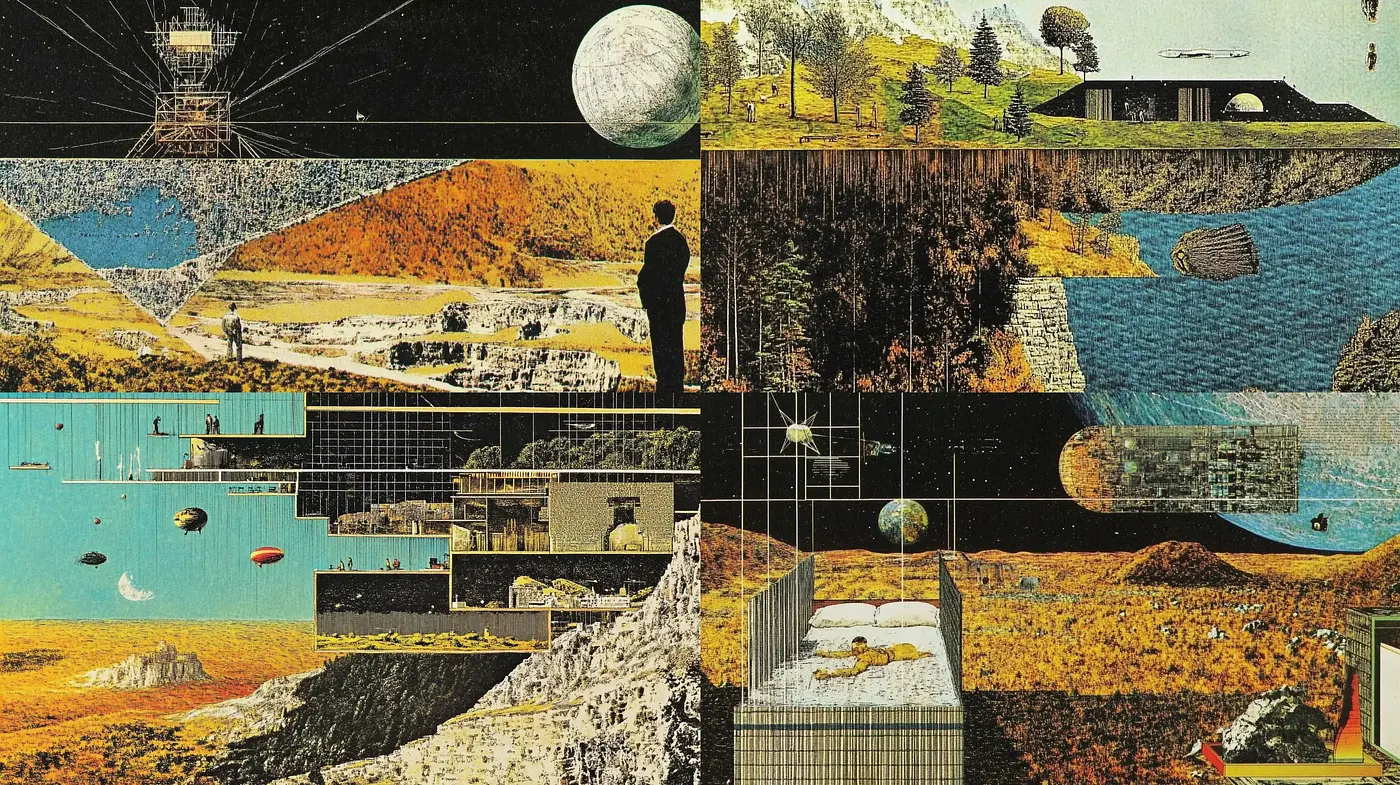 Retro-Futuristic Collage Aesthetic with Surrealist Undertones - Midjourney sref style