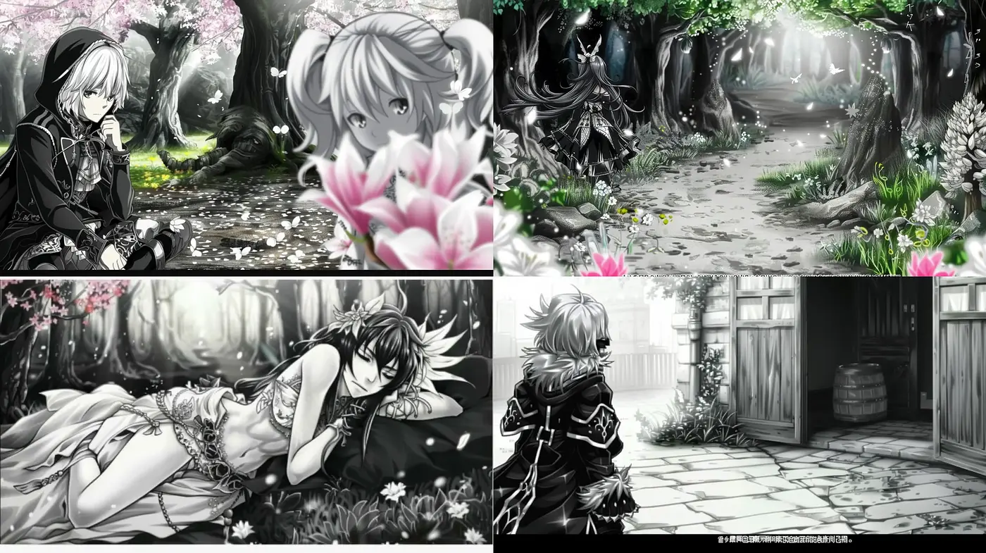 Monochromatic Manga-Inspired Dreamscapes with Vivid Floral Accents - Midjourney sref style