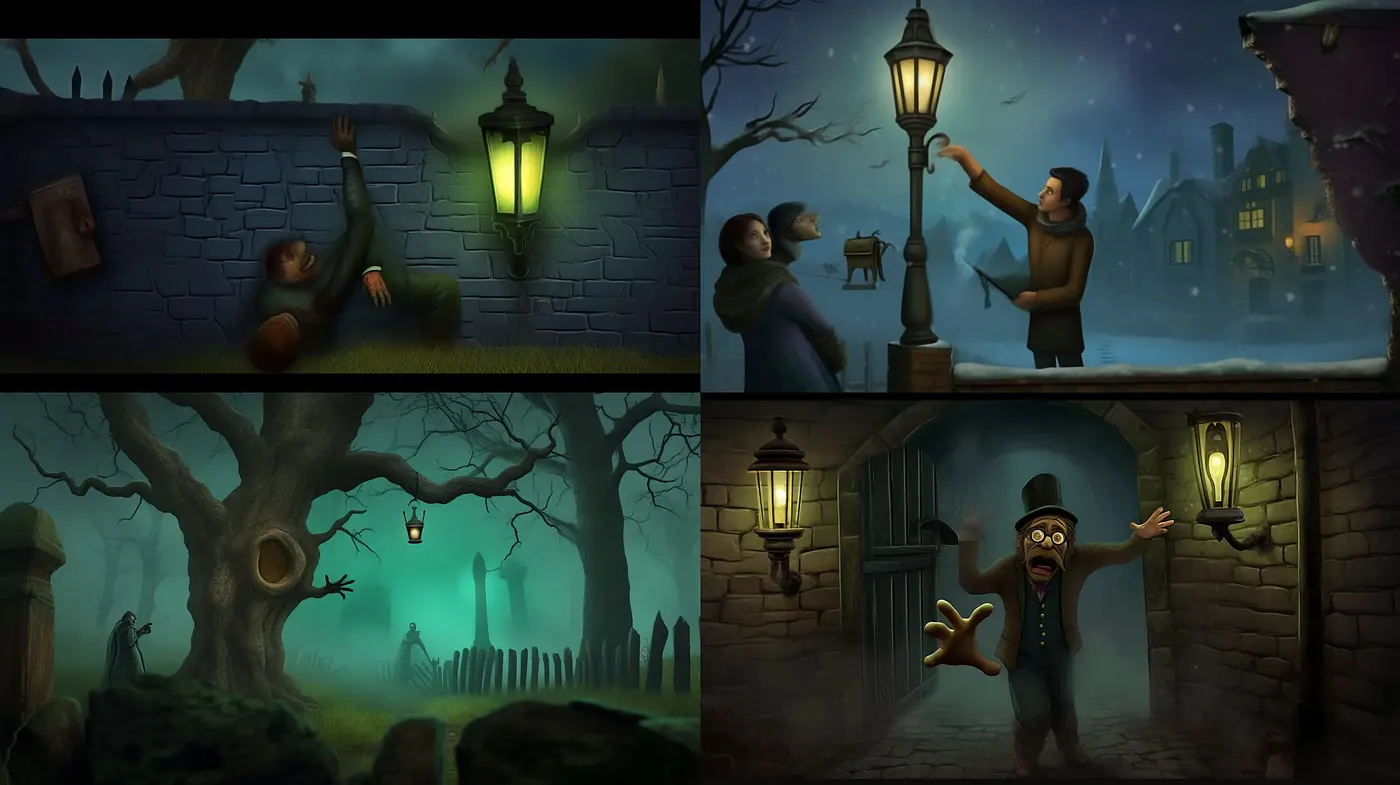 Eerie Twilight Ambiance with Storybook Illustration Overtones - Midjourney sref style