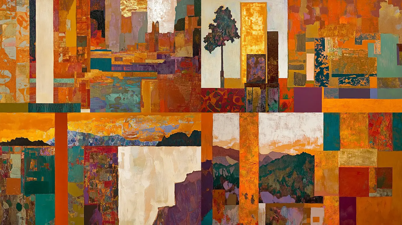 Mosaic of Warm Hues: Abstract Interpretation of Textured Landscapes - Midjourney sref style