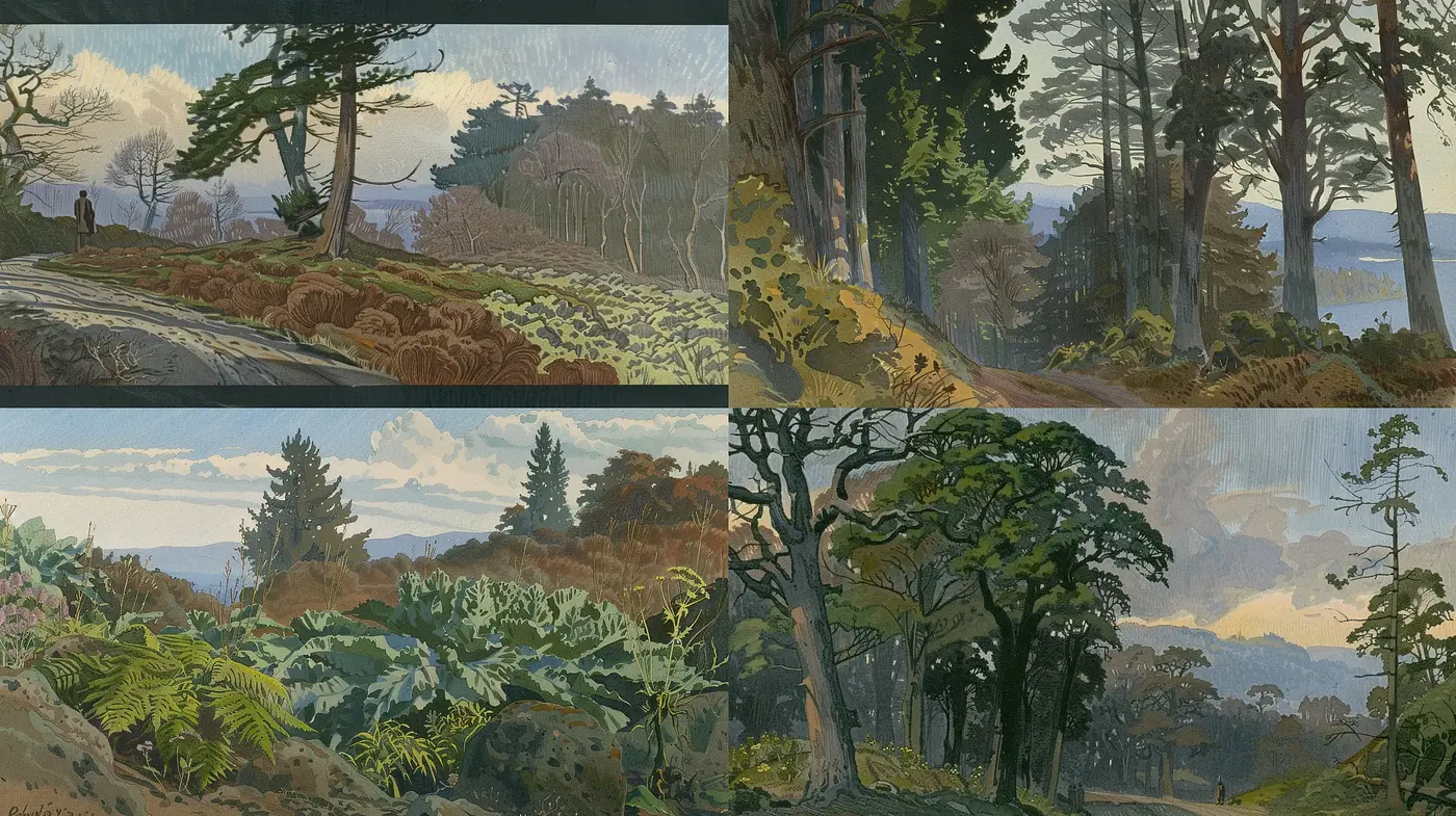 Nature's Tapestry: Homage to Post-Impressionist Woodland Scenes - Midjourney sref style