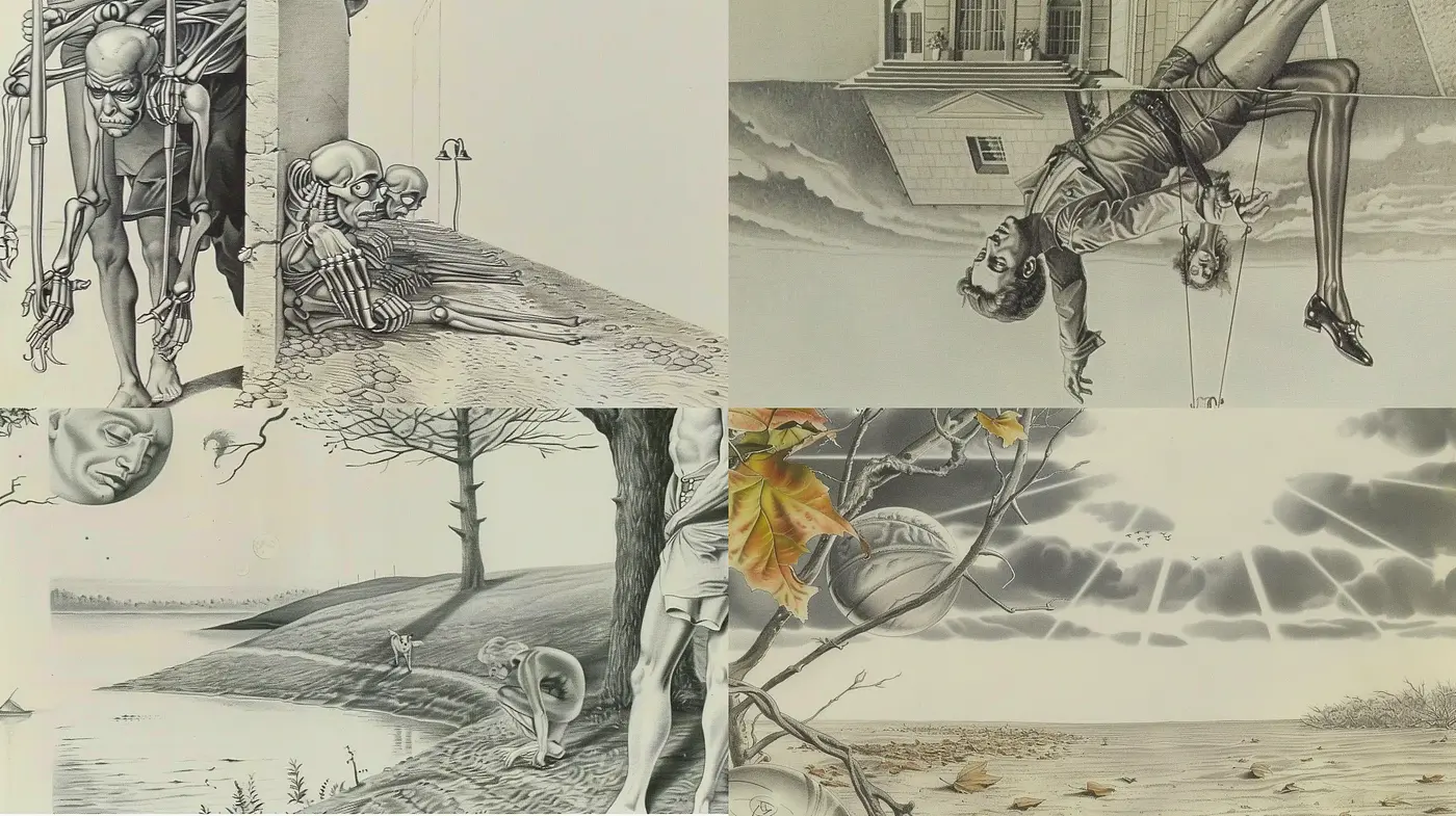 Surreal Dreamscapes with a Sepia Ink Wash Essence - Midjourney sref style
