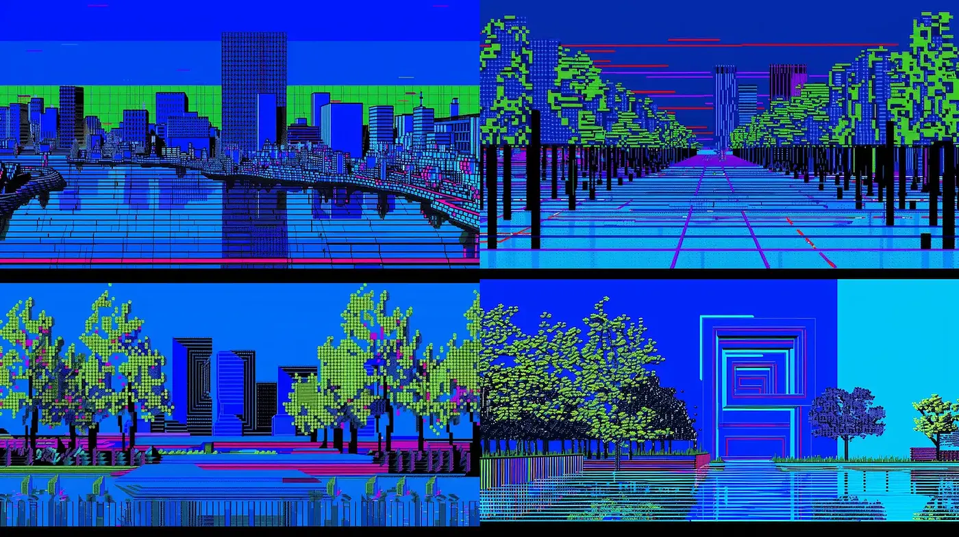 Futuristic Geometric Landscapes with Vibrant Neon Aesthetics - Midjourney sref style