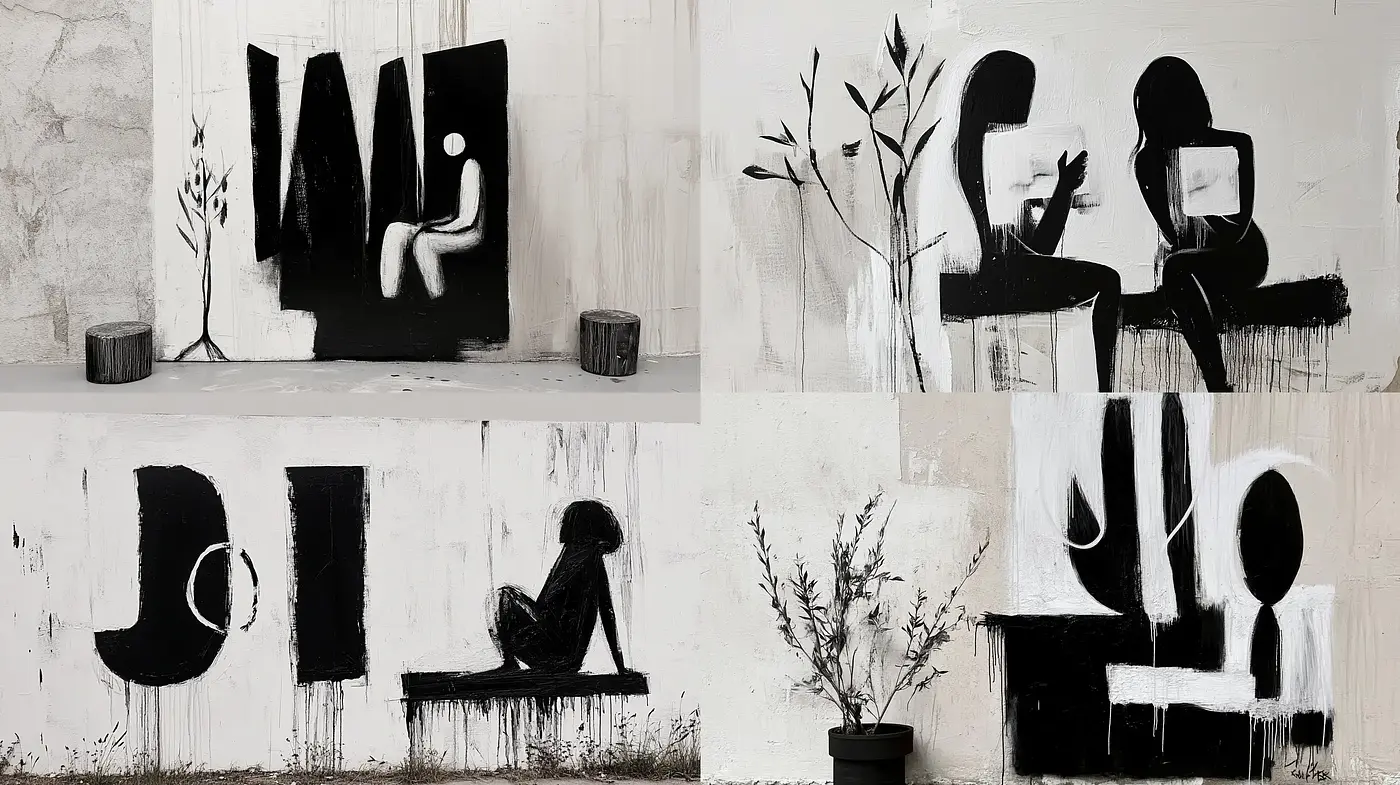 Monochromatic Silhouettes and Abstract Forms with Textural Backdrop - Midjourney sref style