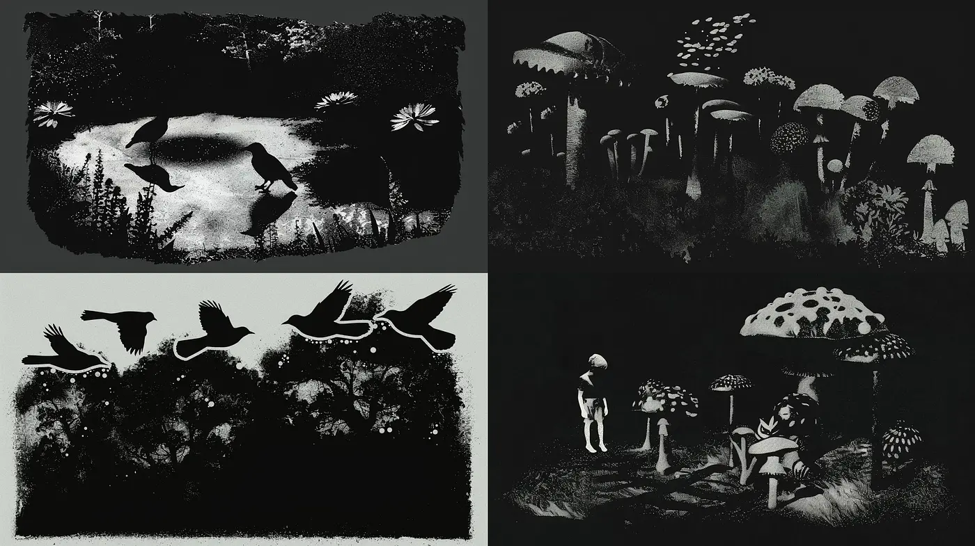 Monochromatic Dreamscape Silhouettes - Midjourney sref style