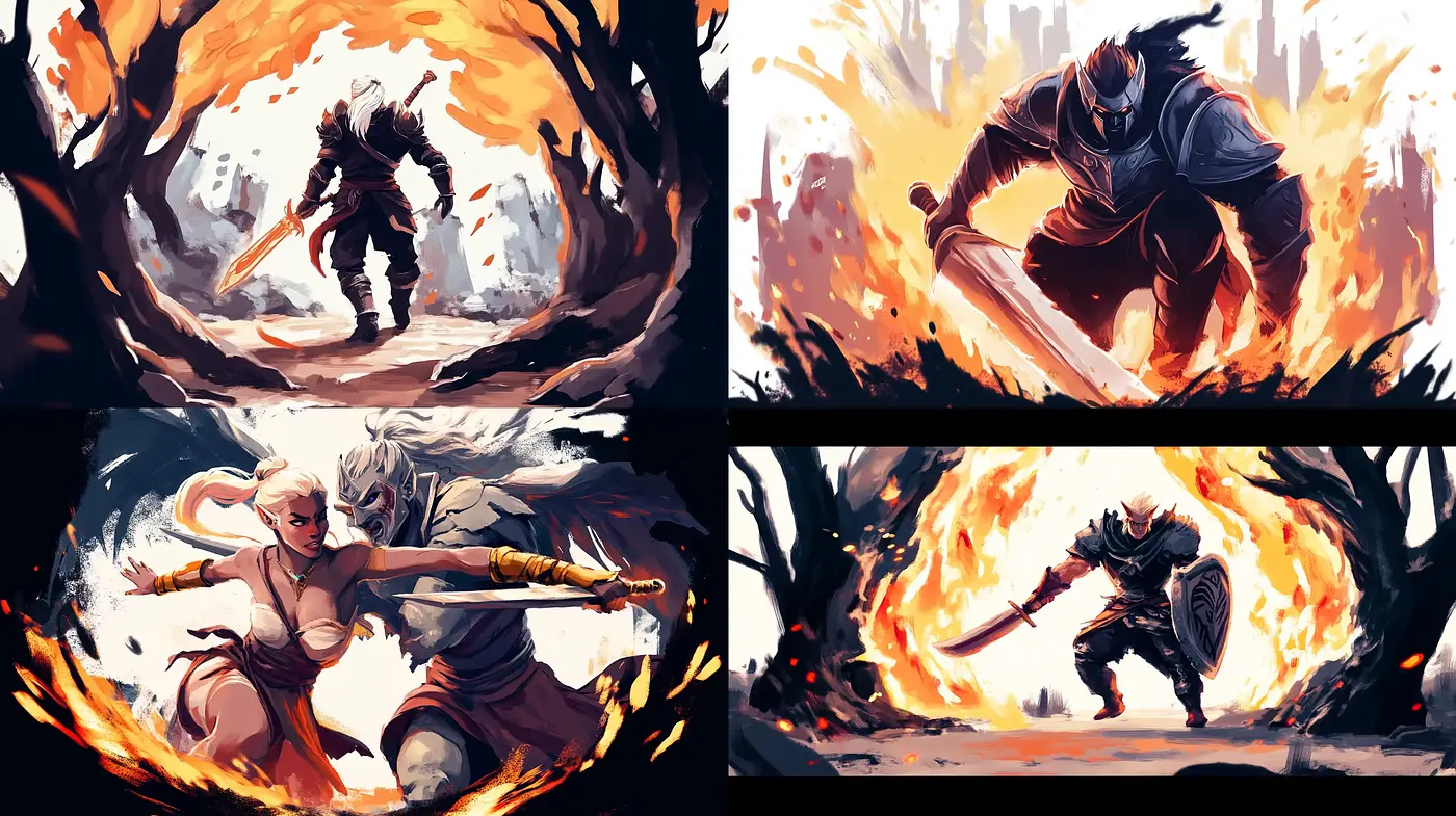 Blazing Fervor: A Fiery Expression of Intense Action and Dynamic Brushstrokes - Midjourney sref style