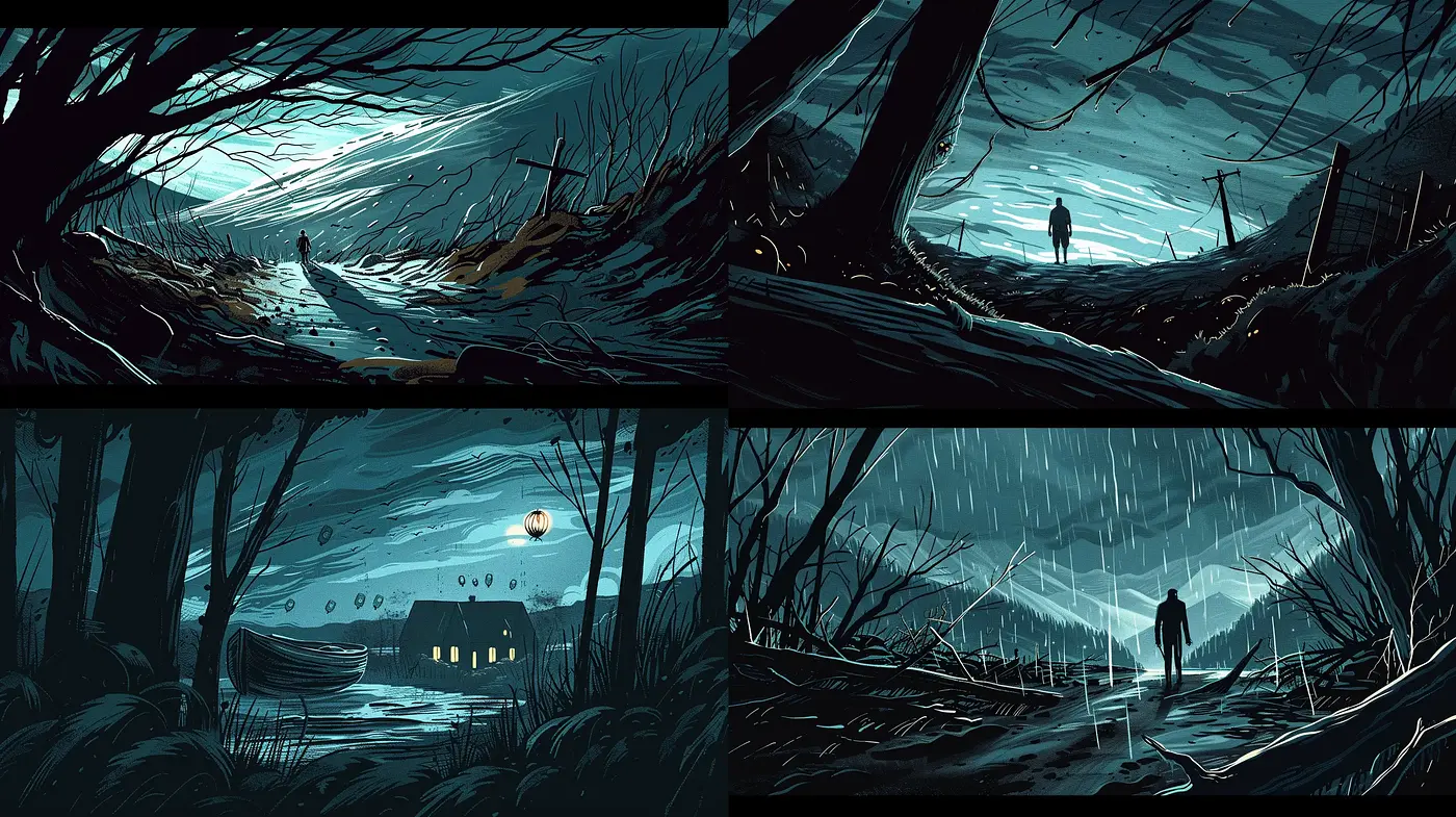 Moody Nocturnal Vistas: A Consistent Study in Blue Tones and Expressive Brushwork - Midjourney sref style