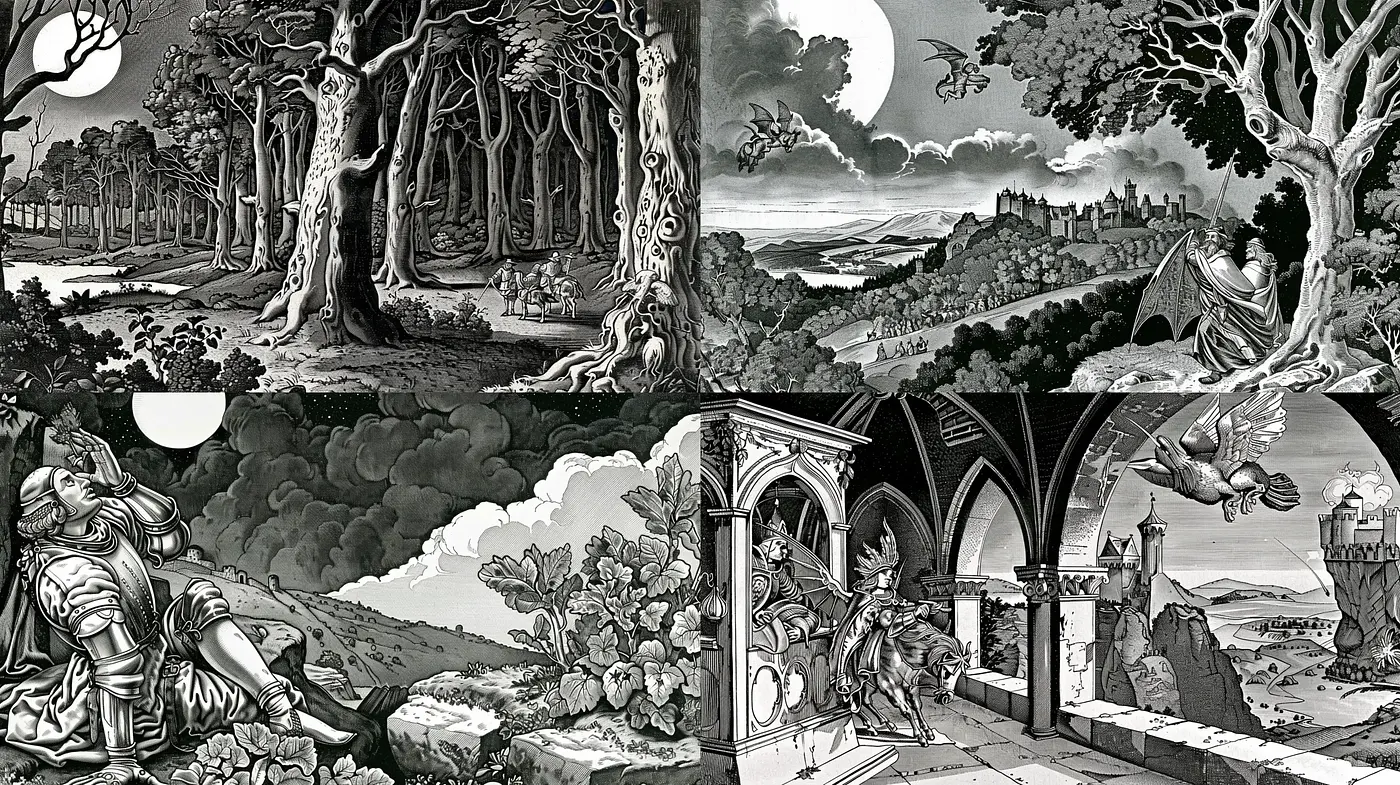 Gothic Engravings of Mythical Landscapes and Dreamlike Visions - Midjourney sref style